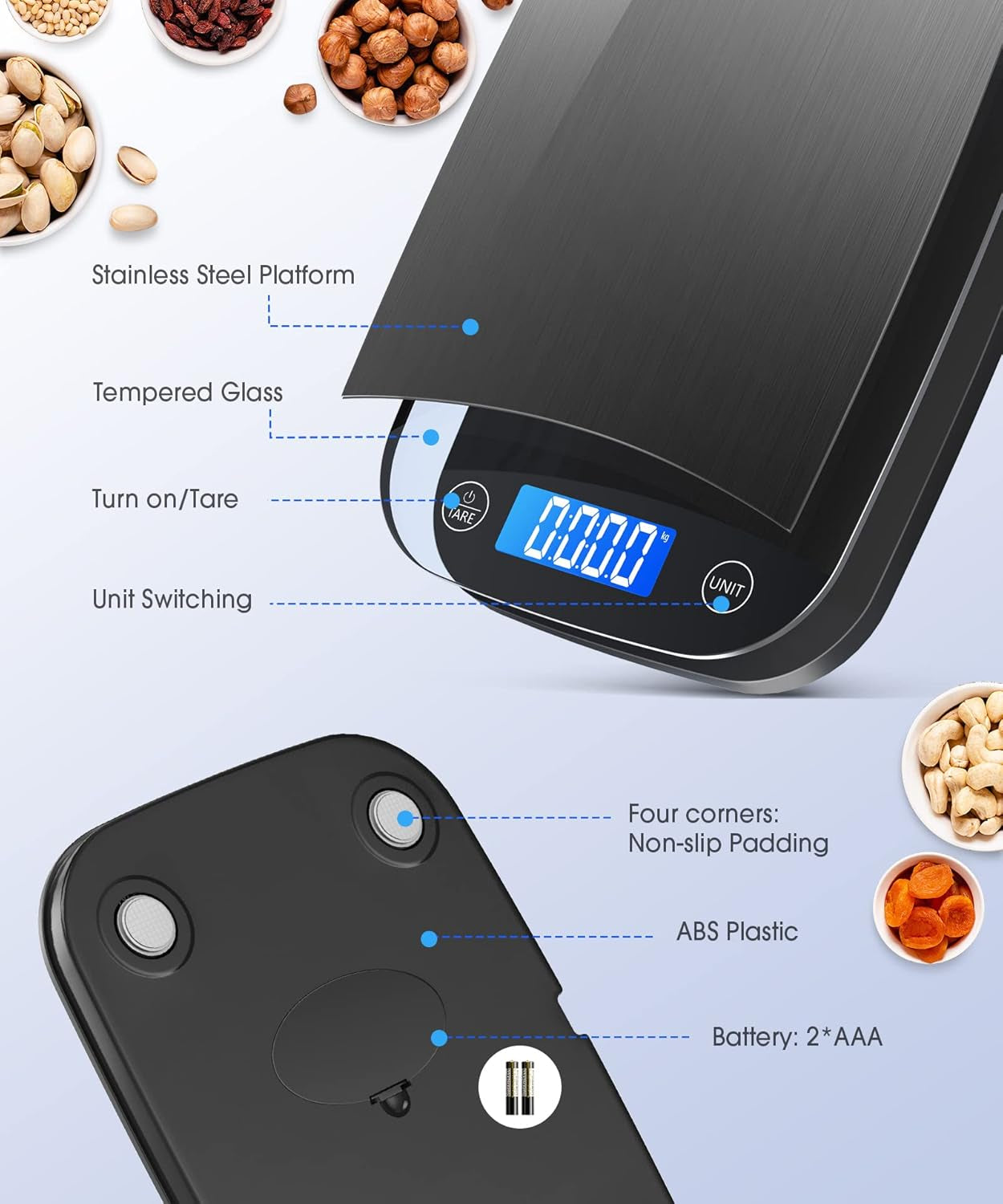 Food Scale 22Lbs Digital Kitchen Scale for Cooking Baking Weight Loss, Weighs in Grams and Ounce with 0.1Oz/1G Resolution, Sleek Design and Large LCD Screen