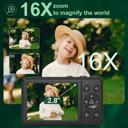 Digital Camera 4K UHD 64MP Vlogging Camera, Autofocus Compact Camera with 16X Digital Zoom, 32GB SD Card & 2 Batteries