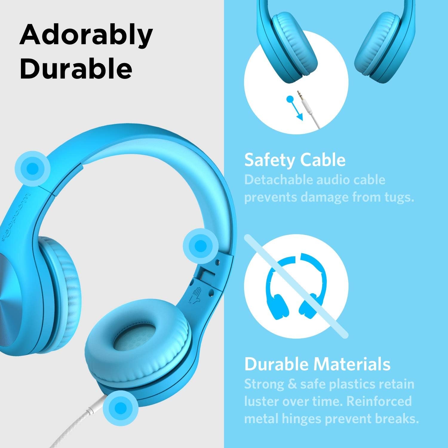 Connect+ Pro Wired Kids Headphones for School W/Microphone, Volume Limiting & Noise Reduction Over-Ear Headset with Cord, Shareport Technology & Softtouch Padding, Blue Headphones for Kids