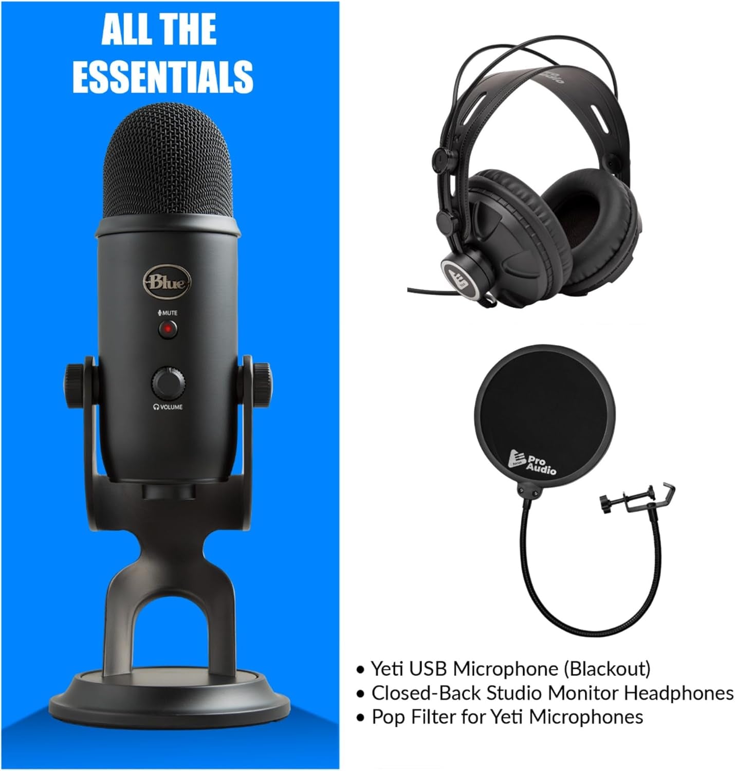 Blue Yeti USB Microphone (Blackout) Bundle with Focus Pro Audio Headphones and Pop Filter (3 Items)