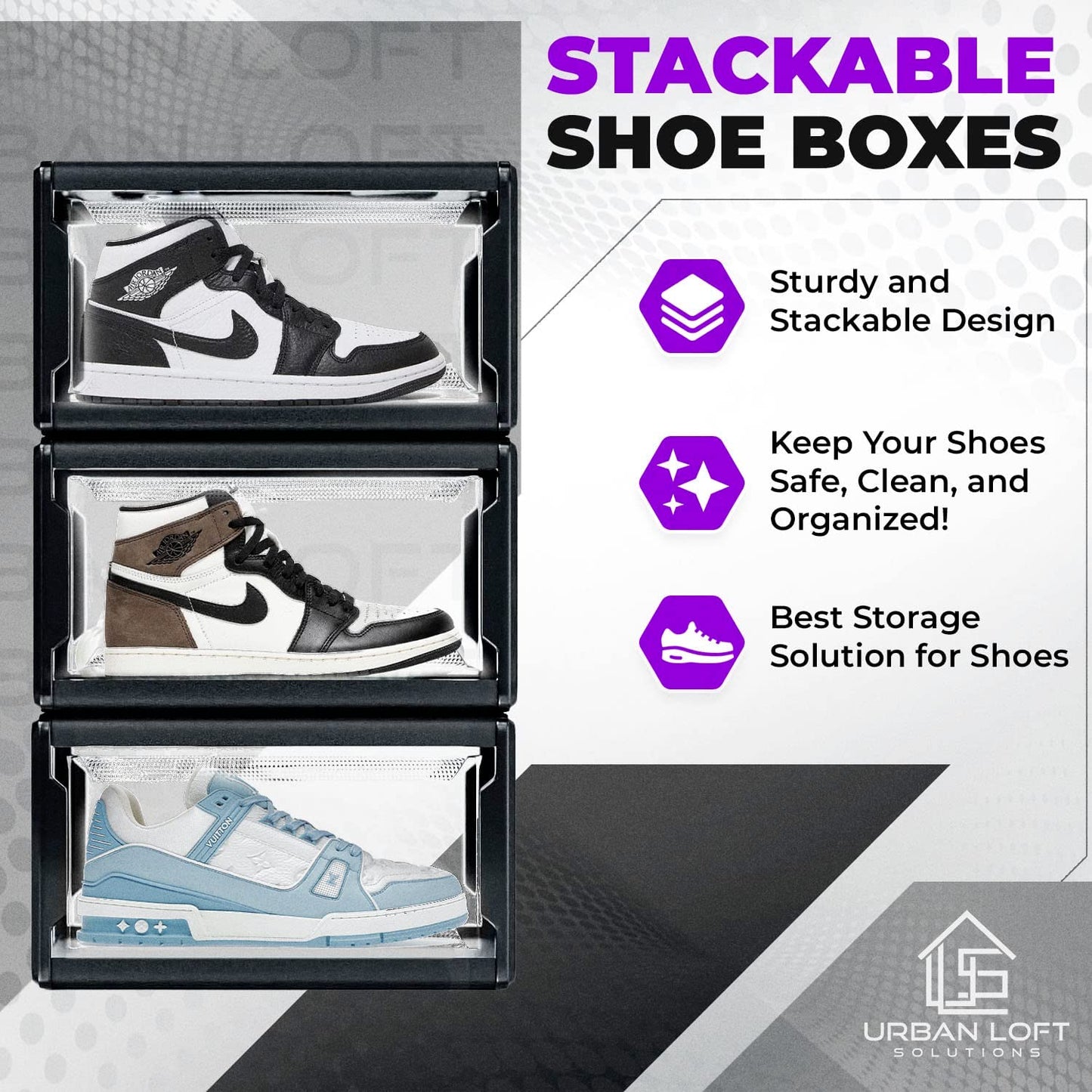 Urban Loft Premium Acrylic Shoe Boxes Stackable,Clear Shoe Organizer for Closet-Pack of 3| Large Sneaker Storage Box | Sneaker Clear Shoe Case for Sneakerheads with Drop Lid Shoe Display Case, Black