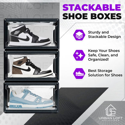 Urban Loft Premium Acrylic Shoe Boxes Stackable,Clear Shoe Organizer for Closet-Pack of 3| Large Sneaker Storage Box | Sneaker Clear Shoe Case for Sneakerheads with Drop Lid Shoe Display Case, Black