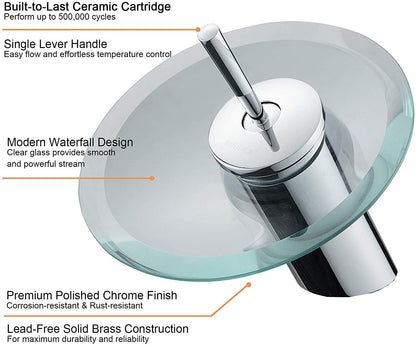 Waterfall Bathroom Sink Faucet Unique Brass Modern Circle Glass Waterfall Faucet for Basin Vanity Single Hole Pedestal Sink Faucets One Handle Corner Sink Bathroom Faucet, Polished Chrome