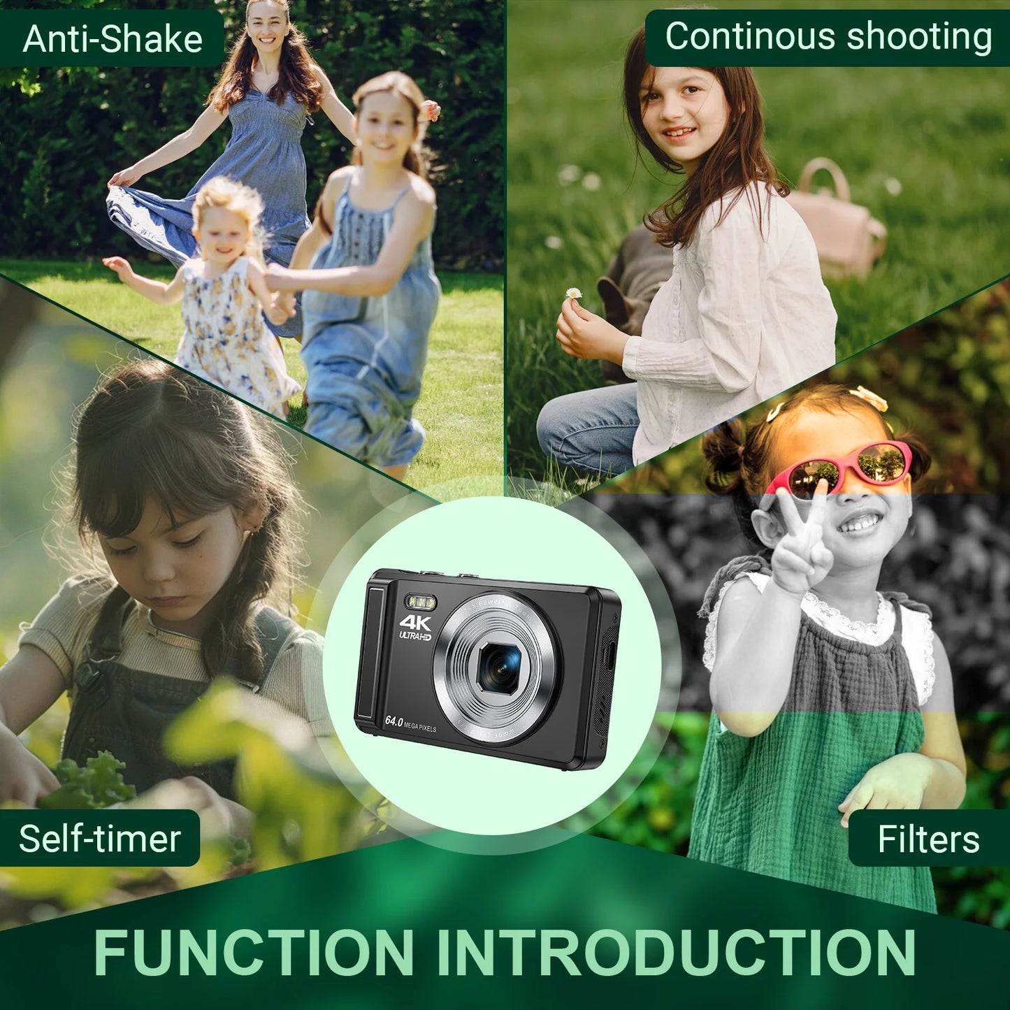 Digital Camera 4K UHD 64MP Vlogging Camera, Autofocus Compact Camera with 16X Digital Zoom, 32GB SD Card & 2 Batteries