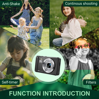 Digital Camera 4K UHD 64MP Vlogging Camera, Autofocus Compact Camera with 16X Digital Zoom, 32GB SD Card & 2 Batteries