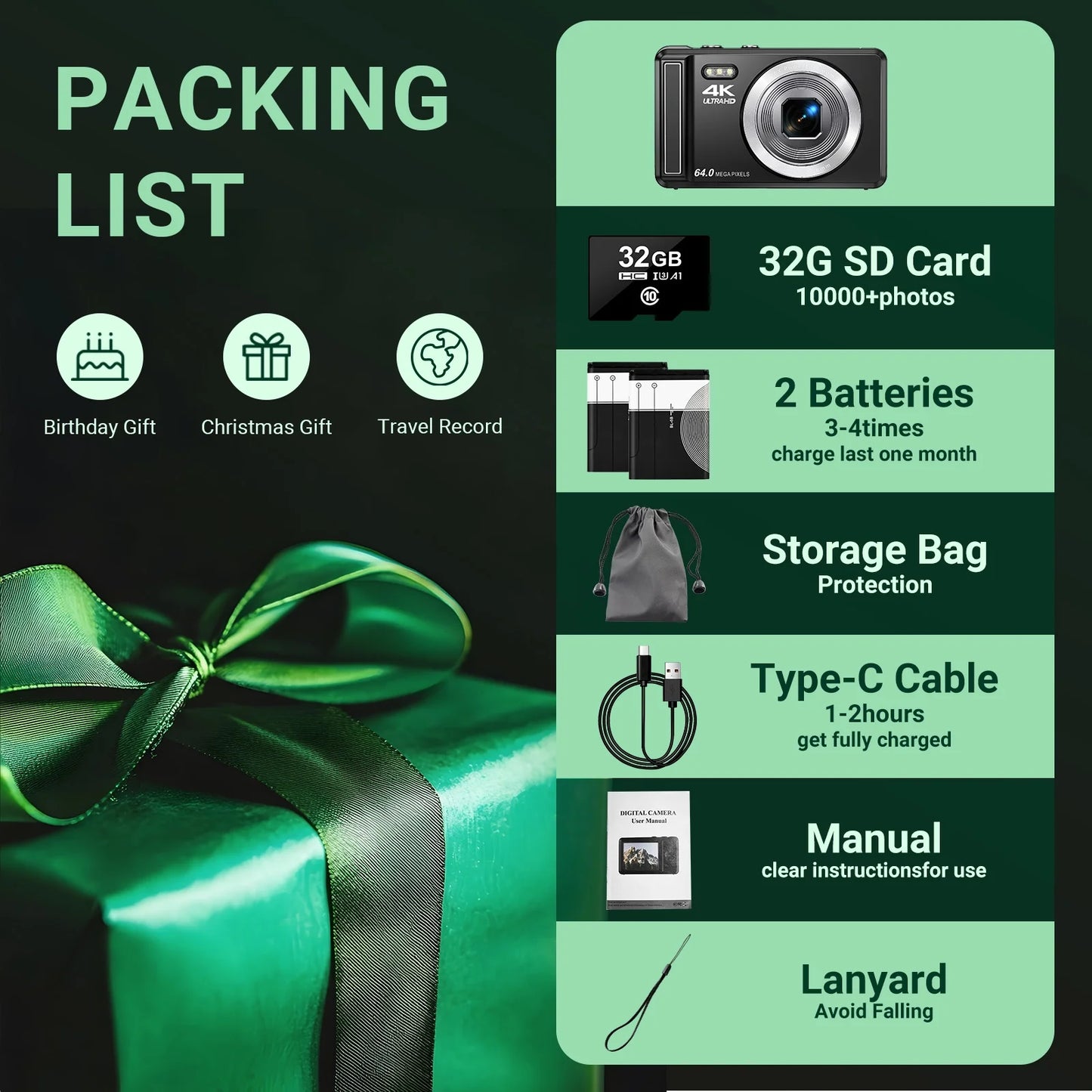 Digital Camera 4K UHD 64MP Vlogging Camera, Autofocus Compact Camera with 16X Digital Zoom, 32GB SD Card & 2 Batteries