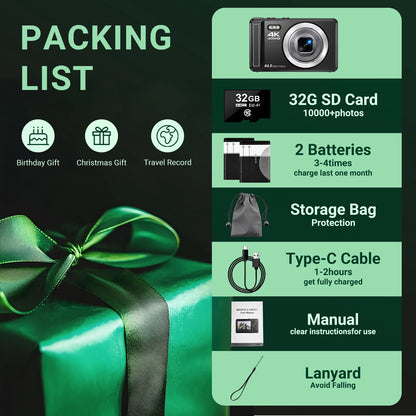 Digital Camera 4K UHD 64MP Vlogging Camera, Autofocus Compact Camera with 16X Digital Zoom, 32GB SD Card & 2 Batteries