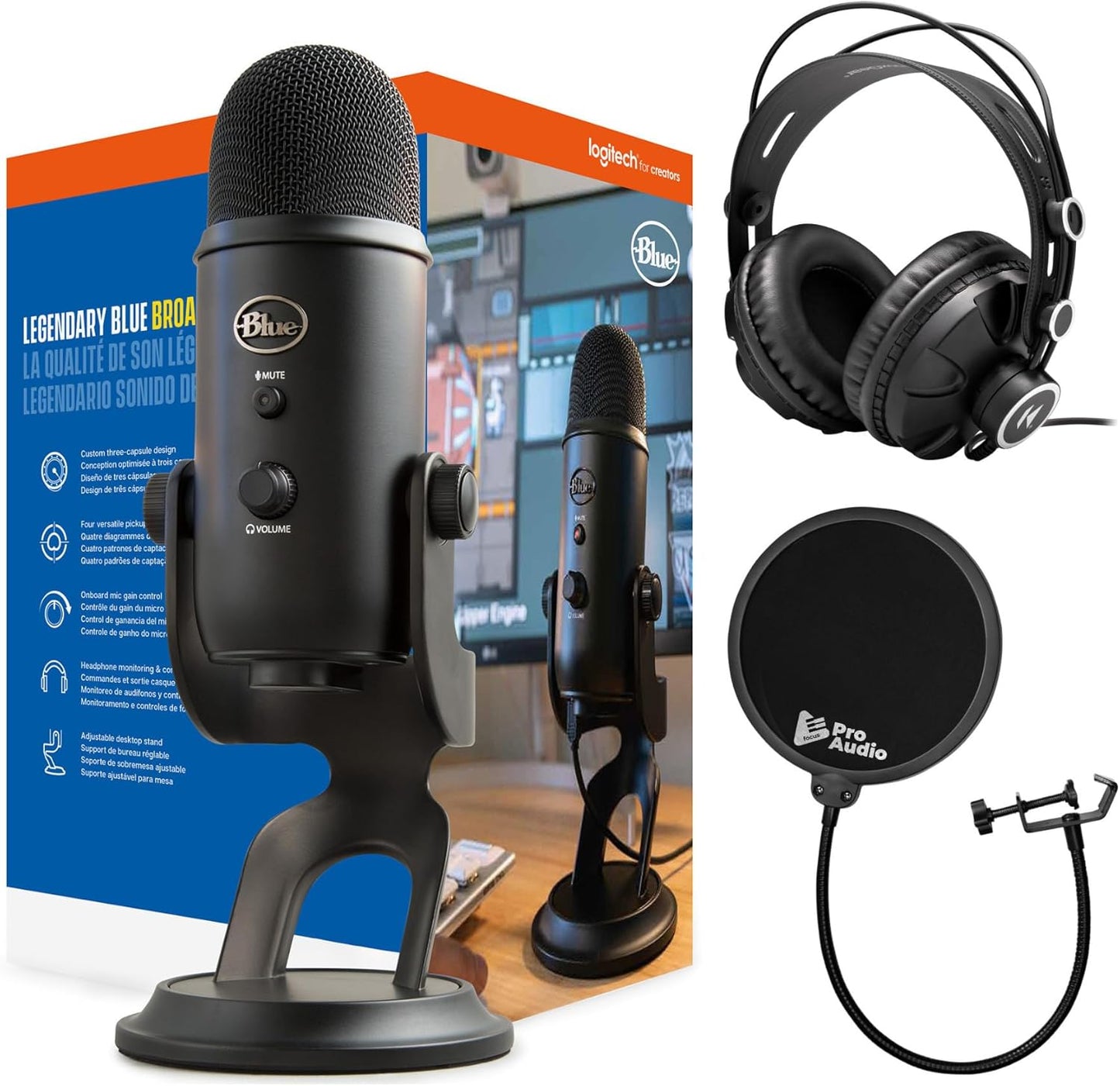 Blue Yeti USB Microphone (Blackout) Bundle with Focus Pro Audio Headphones and Pop Filter (3 Items)
