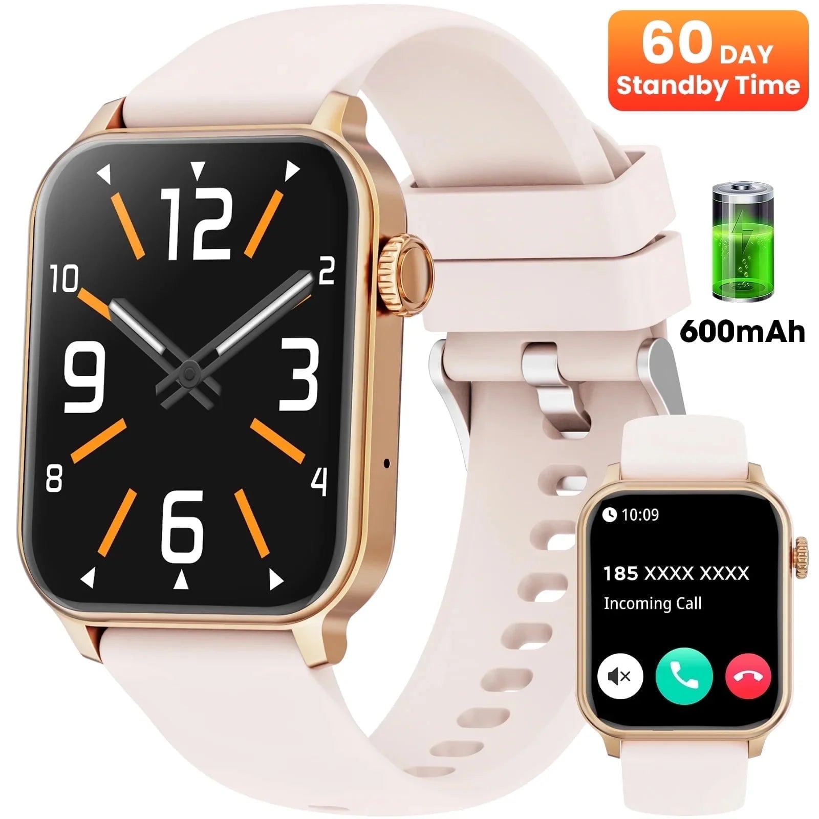2025 New Extra Long Battery Smartwatch 1.85-Inch, (Receives/Dials/Standby Time 60 Days/120+ Sport Mode)Fits for Android and Iphone Devices (Pink)
