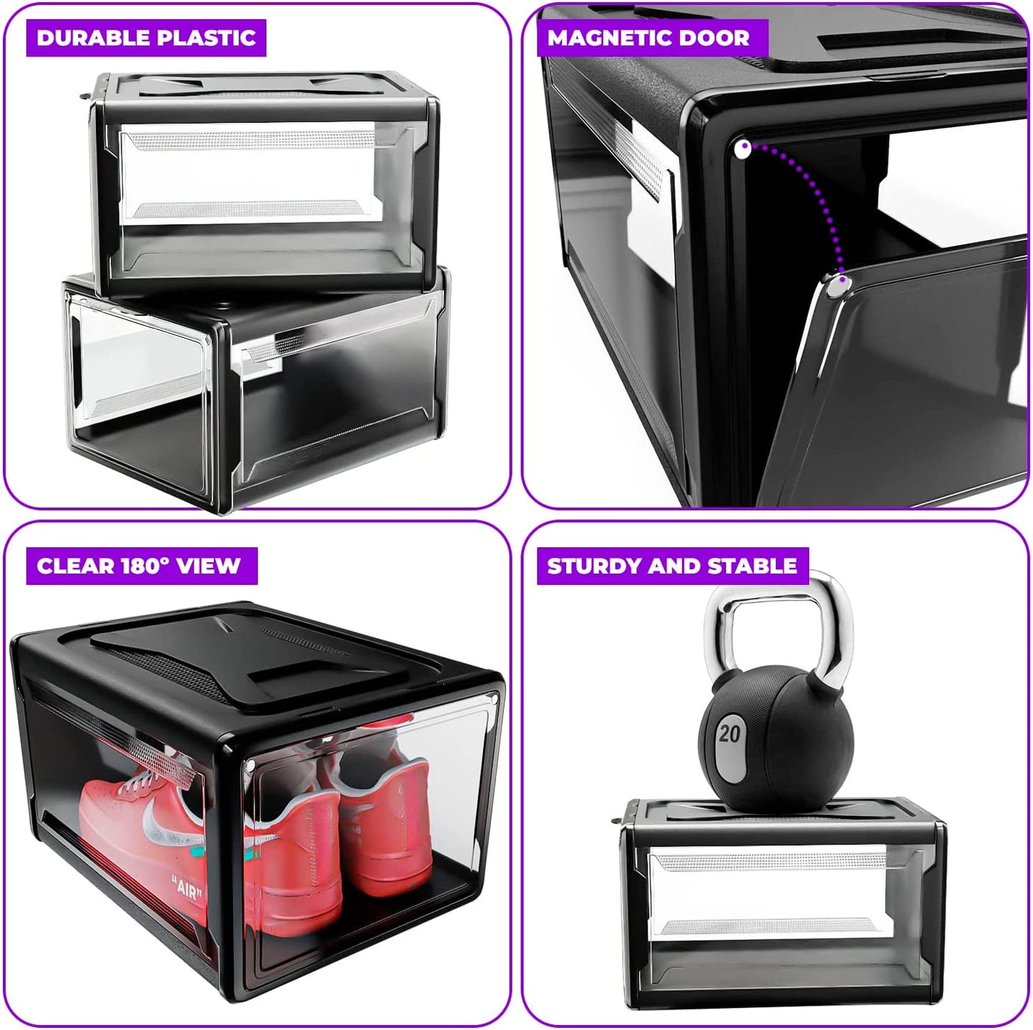 Urban Loft Premium Acrylic Shoe Boxes Stackable,Clear Shoe Organizer for Closet-Pack of 3| Large Sneaker Storage Box | Sneaker Clear Shoe Case for Sneakerheads with Drop Lid Shoe Display Case, Black