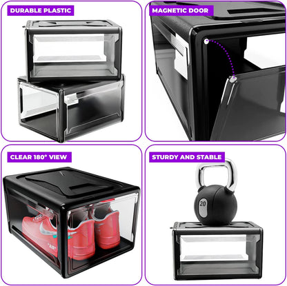 Urban Loft Premium Acrylic Shoe Boxes Stackable,Clear Shoe Organizer for Closet-Pack of 3| Large Sneaker Storage Box | Sneaker Clear Shoe Case for Sneakerheads with Drop Lid Shoe Display Case, Black