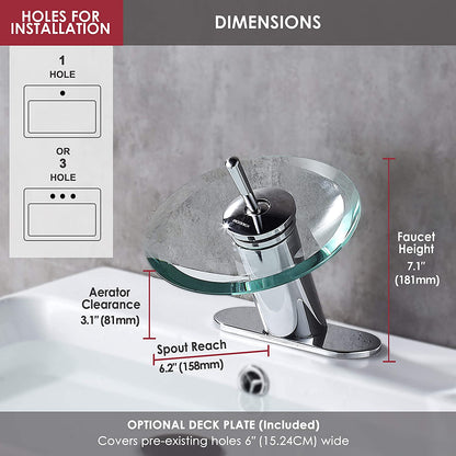 Waterfall Bathroom Sink Faucet Unique Brass Modern Circle Glass Waterfall Faucet for Basin Vanity Single Hole Pedestal Sink Faucets One Handle Corner Sink Bathroom Faucet, Polished Chrome