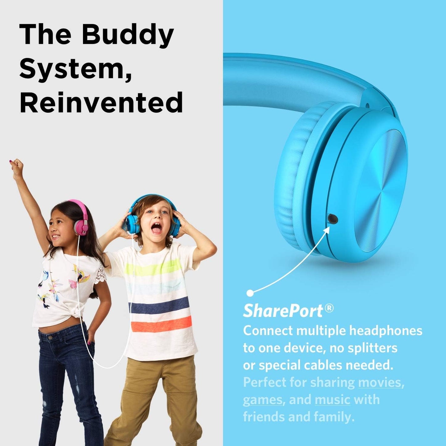 Connect+ Pro Wired Kids Headphones for School W/Microphone, Volume Limiting & Noise Reduction Over-Ear Headset with Cord, Shareport Technology & Softtouch Padding, Blue Headphones for Kids