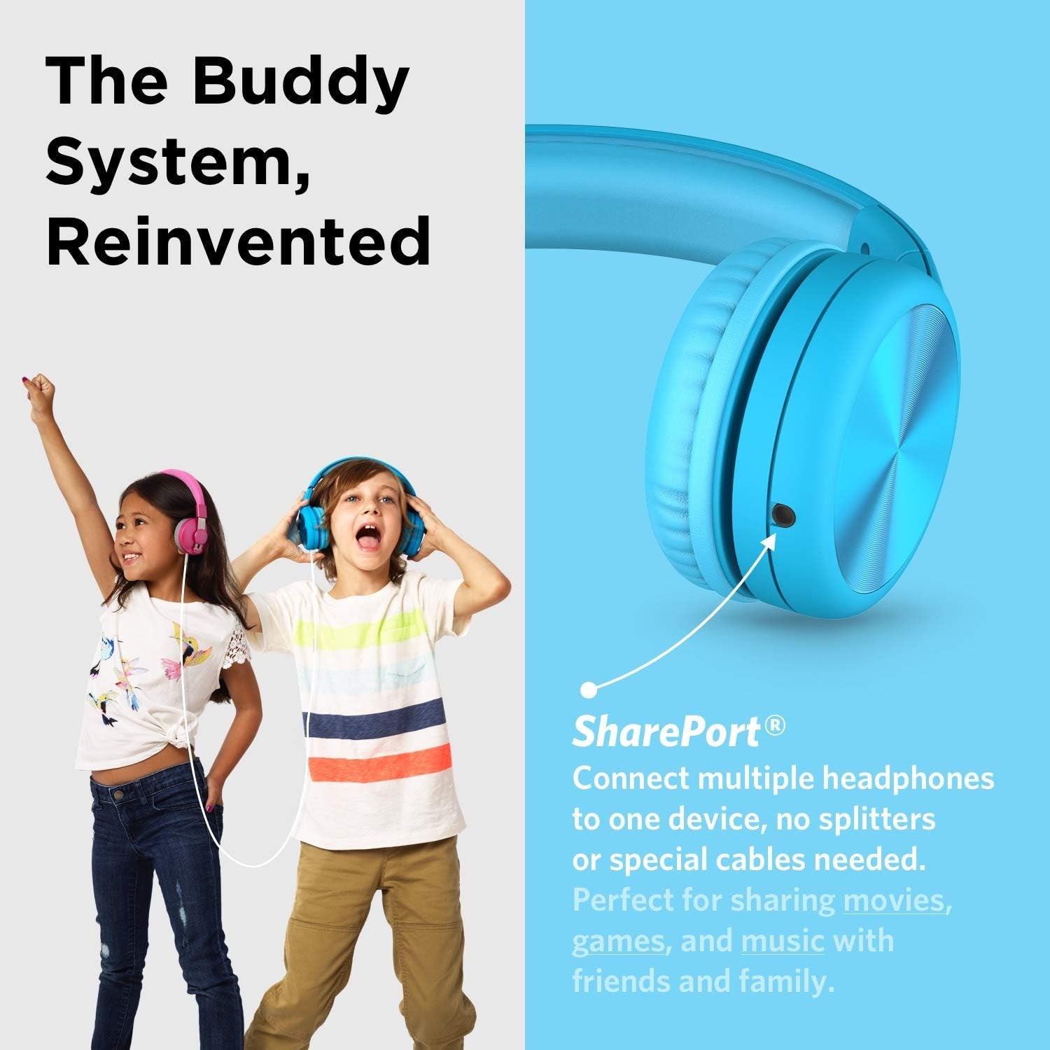 Connect+ Pro Wired Kids Headphones for School W/Microphone, Volume Limiting & Noise Reduction Over-Ear Headset with Cord, Shareport Technology & Softtouch Padding, Blue Headphones for Kids
