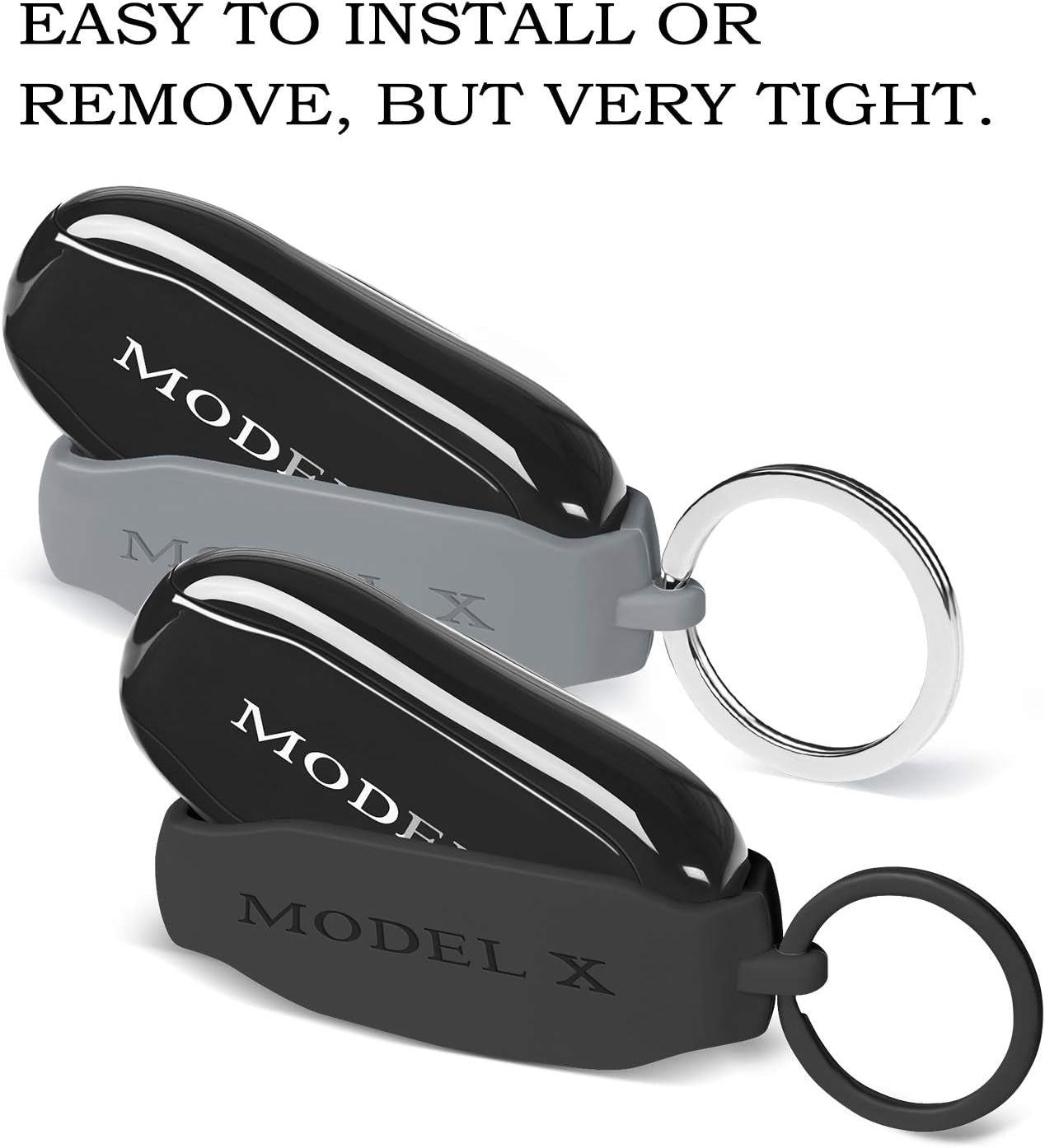 Key Fob Cover for Tesla Model X, 2 Pack Silicone Car Keychain Key Cover Protector Case Holder with Key Ring Chain for Tesla Model X Accessories, Not Include Key (Black+ Gery)