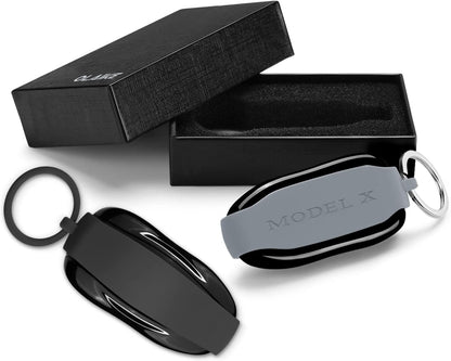 Key Fob Cover for Tesla Model X, 2 Pack Silicone Car Keychain Key Cover Protector Case Holder with Key Ring Chain for Tesla Model X Accessories, Not Include Key (Black+ Gery)