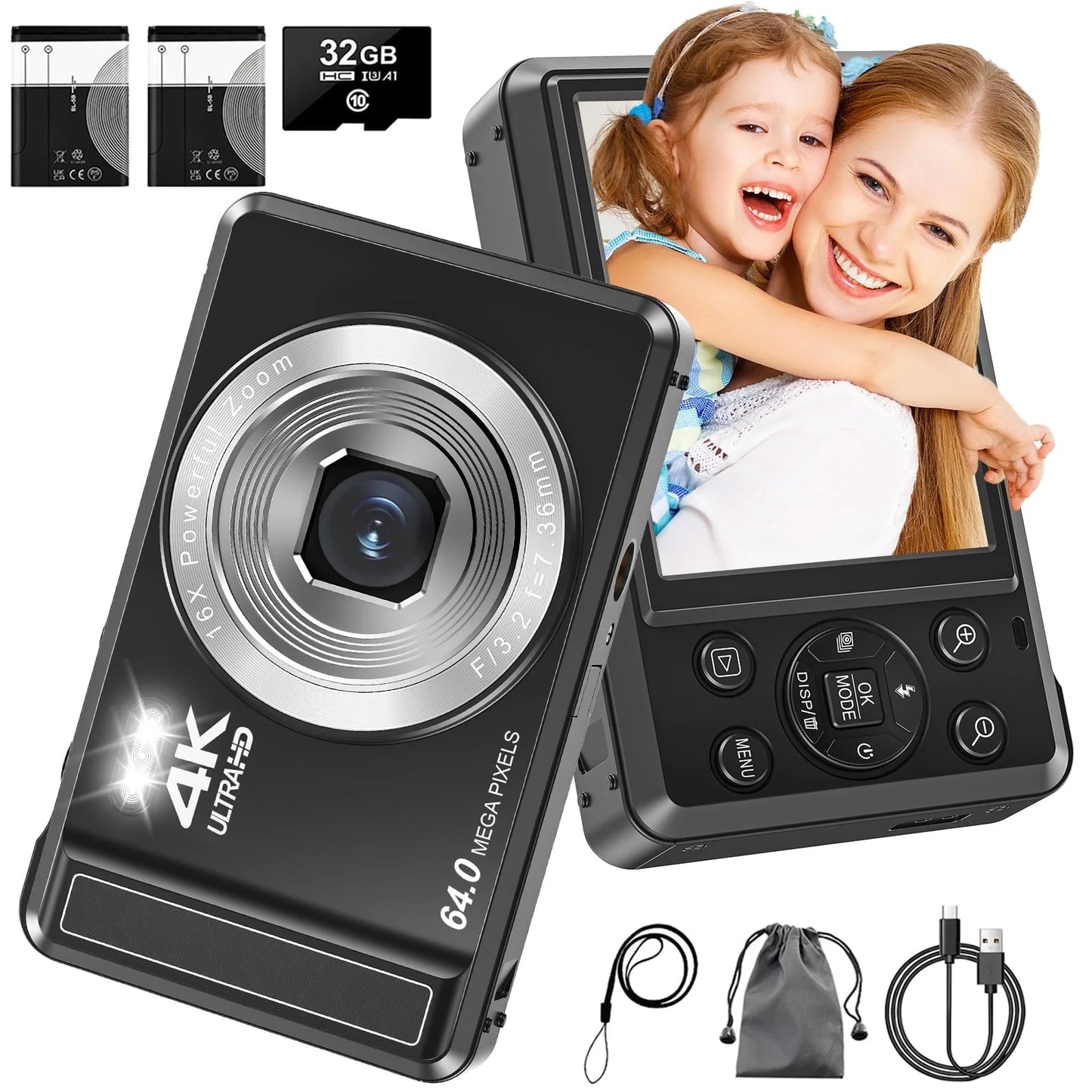 Digital Camera 4K UHD 64MP Vlogging Camera, Autofocus Compact Camera with 16X Digital Zoom, 32GB SD Card & 2 Batteries