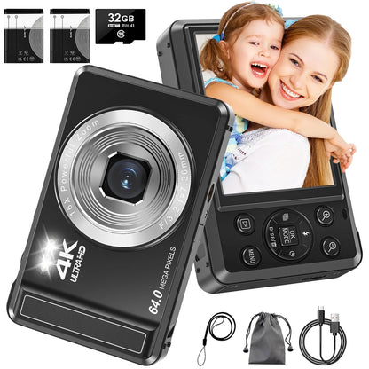 Digital Camera 4K UHD 64MP Vlogging Camera, Autofocus Compact Camera with 16X Digital Zoom, 32GB SD Card & 2 Batteries