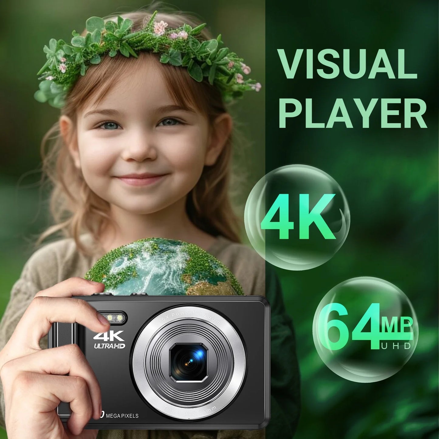 Digital Camera 4K UHD 64MP Vlogging Camera, Autofocus Compact Camera with 16X Digital Zoom, 32GB SD Card & 2 Batteries