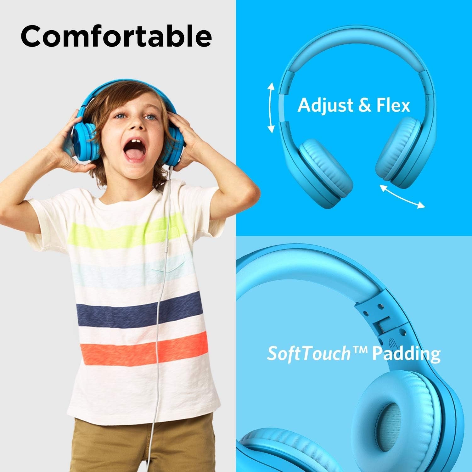 Connect+ Pro Wired Kids Headphones for School W/Microphone, Volume Limiting & Noise Reduction Over-Ear Headset with Cord, Shareport Technology & Softtouch Padding, Blue Headphones for Kids