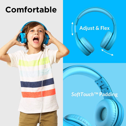 Connect+ Pro Wired Kids Headphones for School W/Microphone, Volume Limiting & Noise Reduction Over-Ear Headset with Cord, Shareport Technology & Softtouch Padding, Blue Headphones for Kids